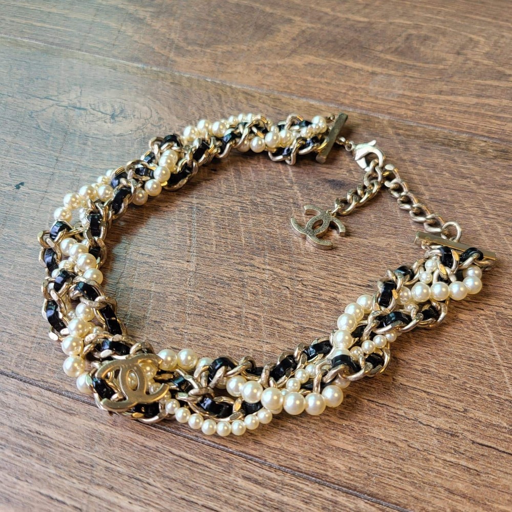 Chanel Choker Necklace OS Gold Black Pearl Braided CC Logo Multi-Strand - Picture 8 of 10